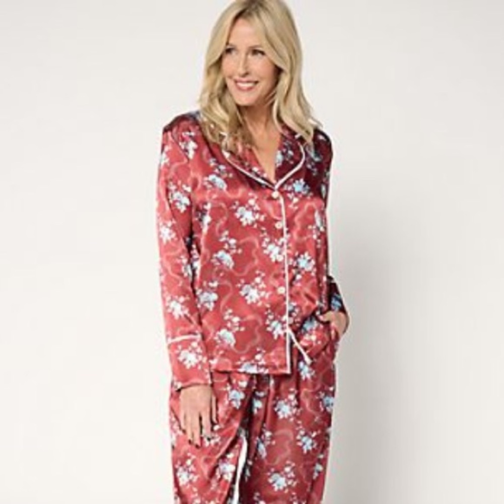 Madeleine Fig Cranberry Winter Floral Satin Notch Collar Pajama Shirt Size 1X